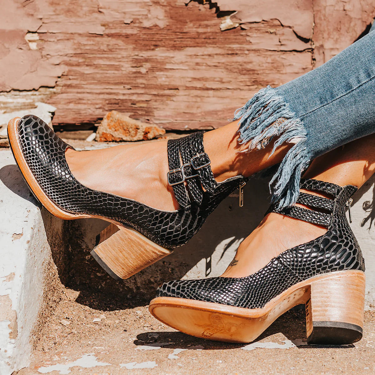 Sienna Triple-Buckle Leather Heel