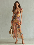 Ciel | Ruffled Sleeve Ruched Slit Maxi Dress