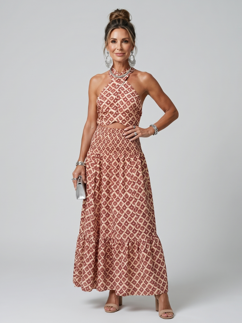 Amira | Cross Halter Geometric Print Cutout Maxi Dress
