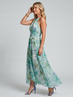 Portia | Pleated Halter Soft Floral Pattern Maxi Dress