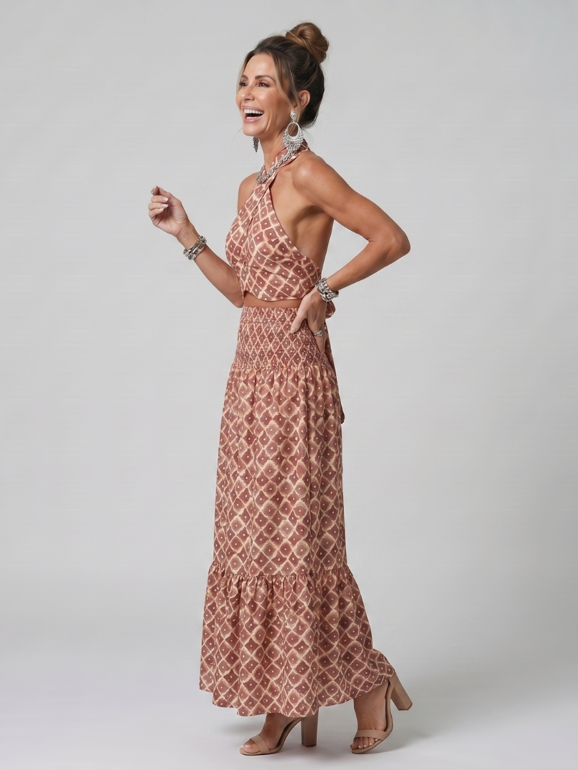 Amira | Cross Halter Geometric Print Cutout Maxi Dress