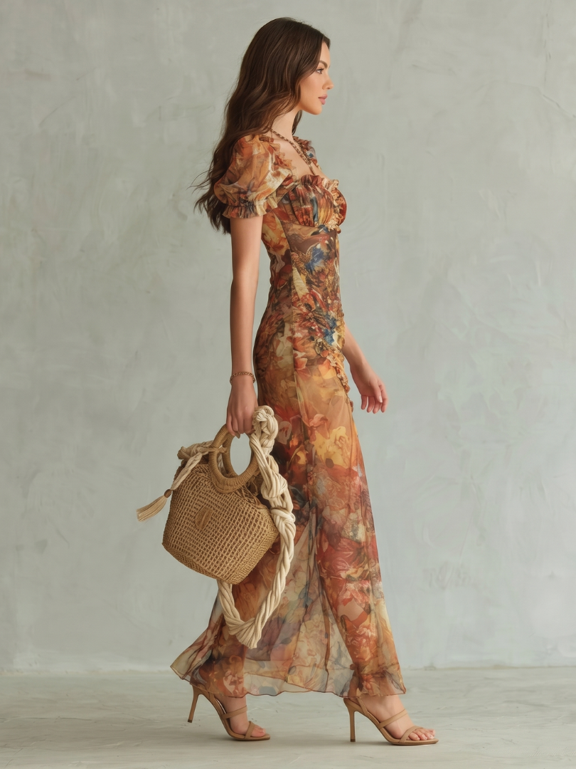 Ciel | Ruffled Sleeve Ruched Slit Maxi Dress