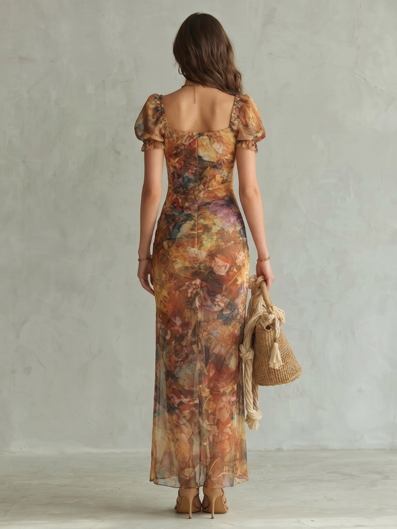 Ciel | Ruffled Sleeve Ruched Slit Maxi Dress