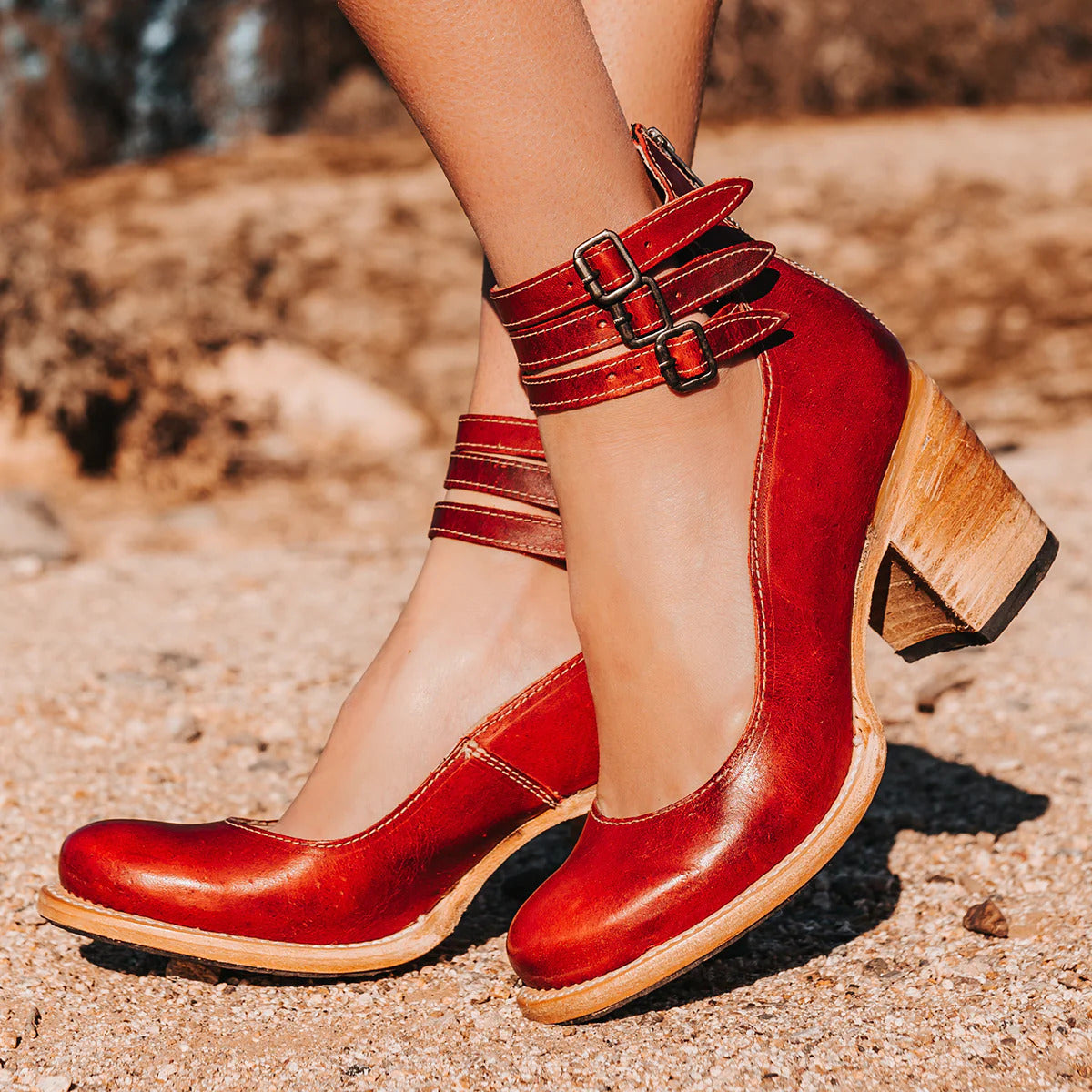 Sienna Triple-Buckle Leather Heel