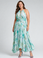 Portia | Pleated Halter Soft Floral Pattern Maxi Dress